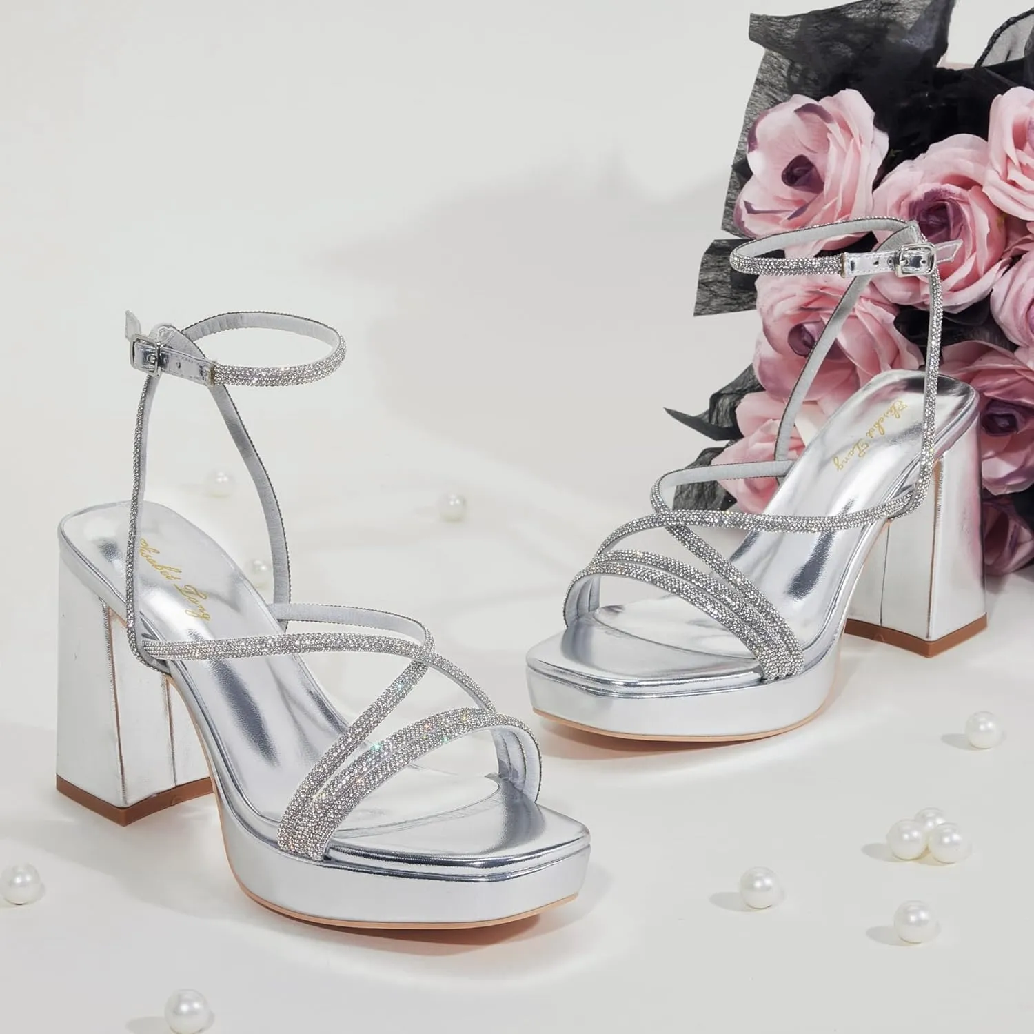 Elisabet Tang Chunky Platform Heels Sandals for Women Sexy Square Toe Heels High Strappy Sandals for Sexy Party Wedding and Evening