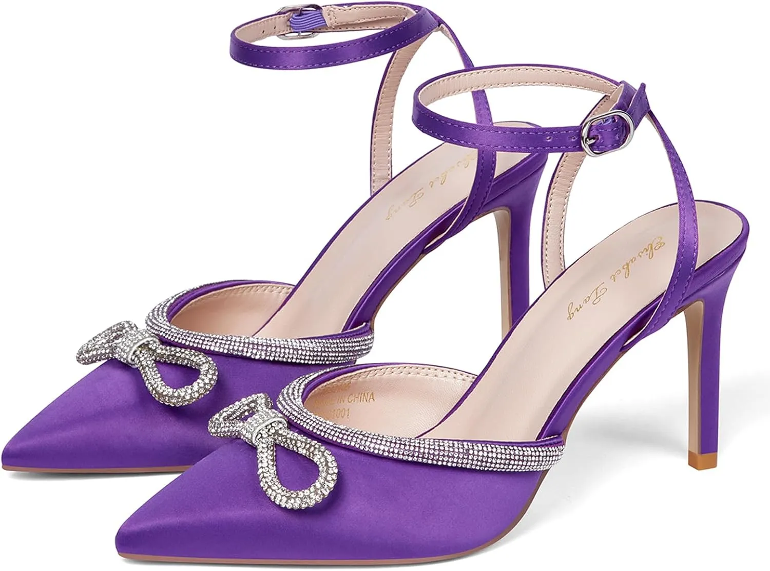 Elisabet Tang Women's High Heel Pumps,Rhinestone Strip Bowknot Ankle Buckle Straps Heels Stiletto Sandals Suede Pointed Closed Toe Strappy Heels Pumps Wedding Dress Shoes