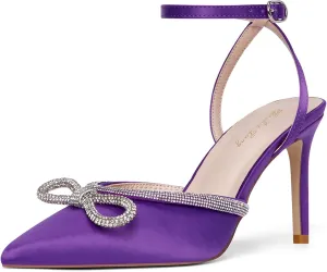 Elisabet Tang Women's High Heel Pumps,Rhinestone Strip Bowknot Ankle Buckle Straps Heels Stiletto Sandals Suede Pointed Closed Toe Strappy Heels Pumps Wedding Dress Shoes