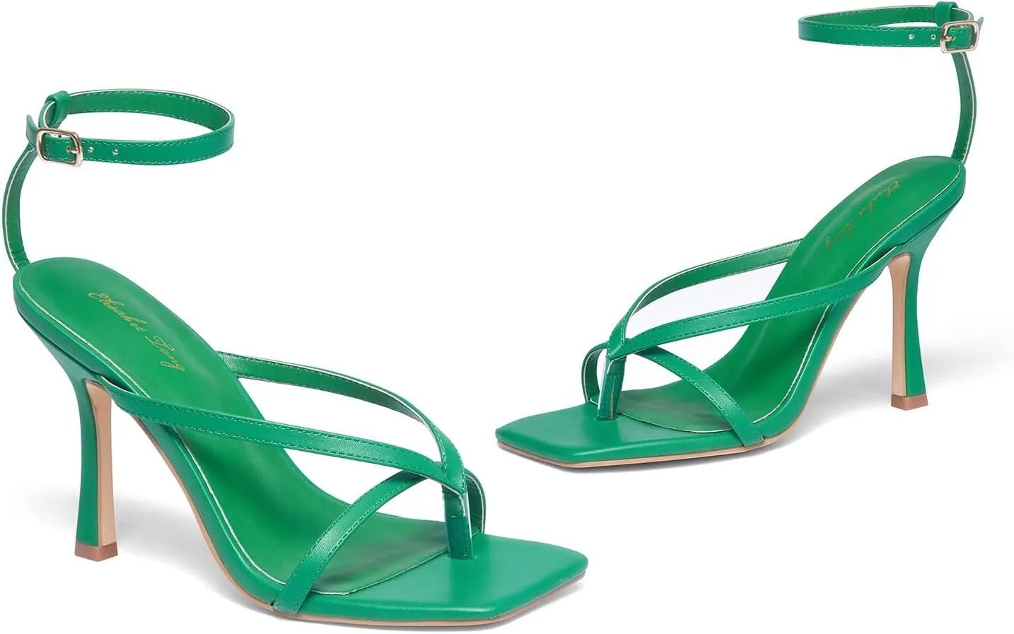 Elisabet Tang Womens Square Toe Heeled Sandals,4.3 inch Square Toe Thong Strappy Ankle Strap Stiletto Heel Sandals Wedding Dress Party Shoes