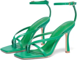 Elisabet Tang Womens Square Toe Heeled Sandals,4.3 inch Square Toe Thong Strappy Ankle Strap Stiletto Heel Sandals Wedding Dress Party Shoes