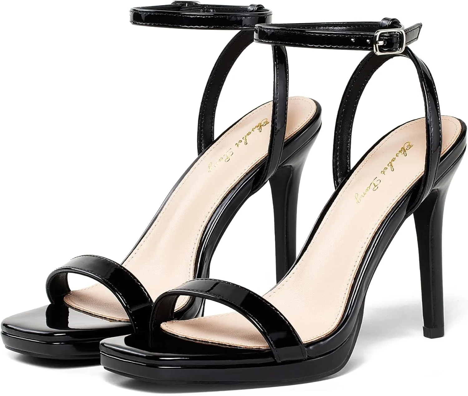 Elisabet Tang Women’s Stilettos Heeled Sandals Open Square Toe Heels,4.3 Inch Open Toe Strappy Sexy High Heels Ankle Strap Buckle Heels for Party Wedding Dress Daily Wear Shoes