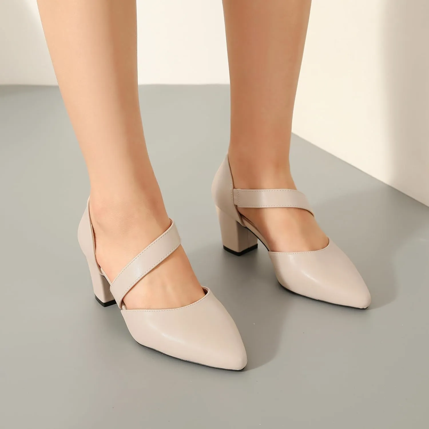 Enelauge Women's Closed Toe Pumps Strappy Chunky Heels Pointed Toe Low Block Heels Comfortable Dress Wedding Bride Prom Shoes