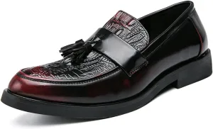 Fashion Burnished Crocodile Embossed Loafers for Men Slip-on Tassel Shoes Faux Leather Round Toe Block Heel Anti-Slip Casual