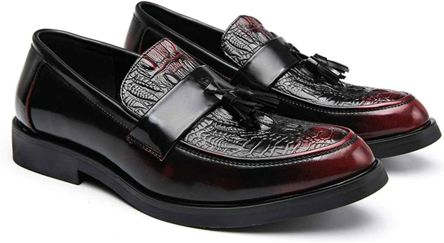 Fashion Burnished Crocodile Embossed Loafers for Men Slip-on Tassel Shoes Faux Leather Round Toe Block Heel Anti-Slip Casual