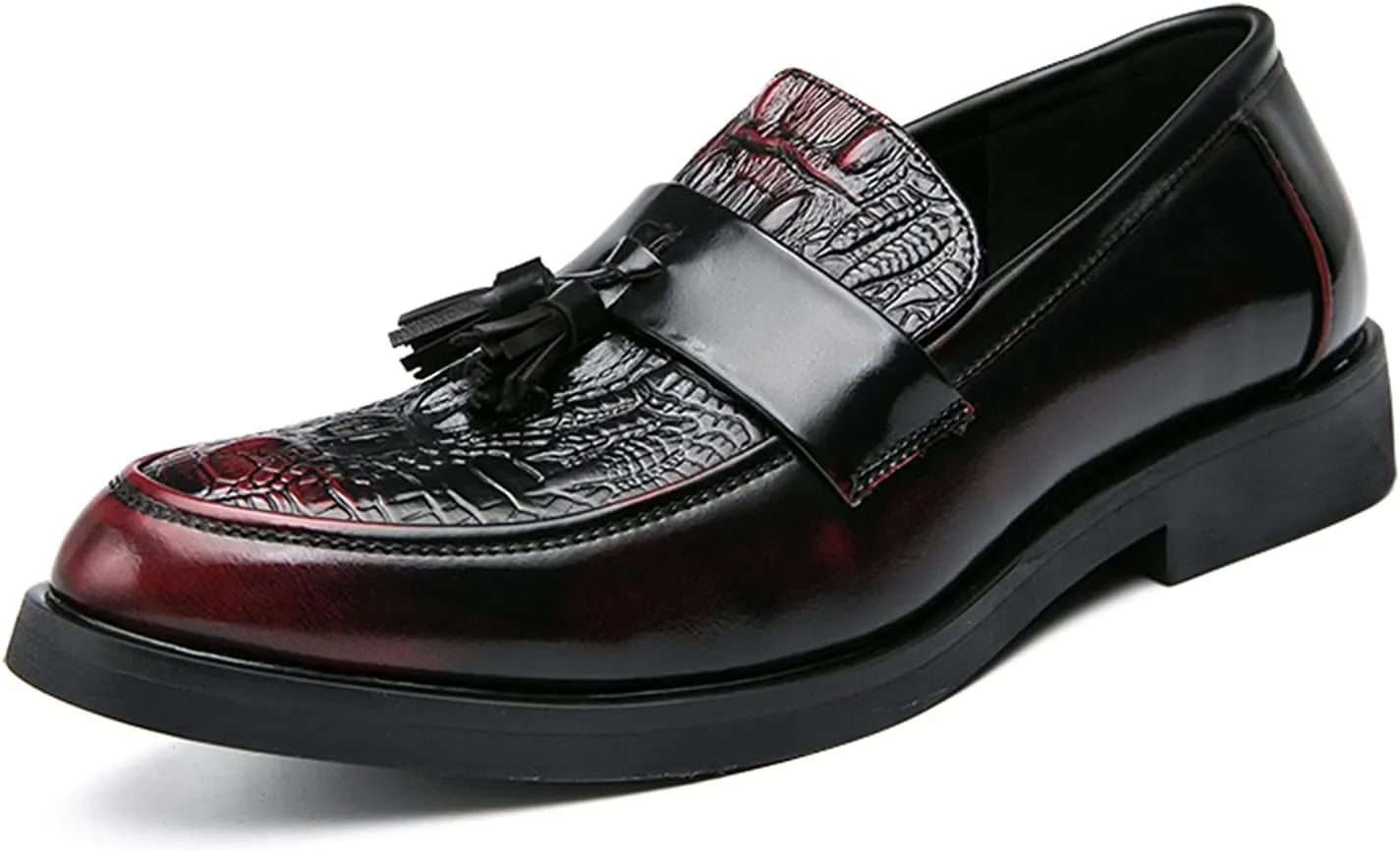 Fashion Burnished Crocodile Embossed Loafers for Men Slip-on Tassel Shoes Faux Leather Round Toe Block Heel Anti-Slip Casual