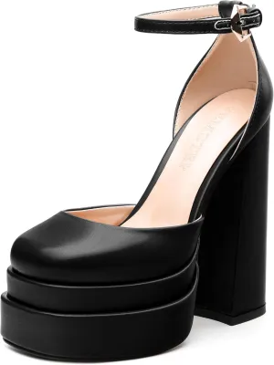 FEMSTEP Women's Chunky Platform High Heels Closed Round Toe Block Heel Pumps Ankle Strap Wedding Party Dress Shoes