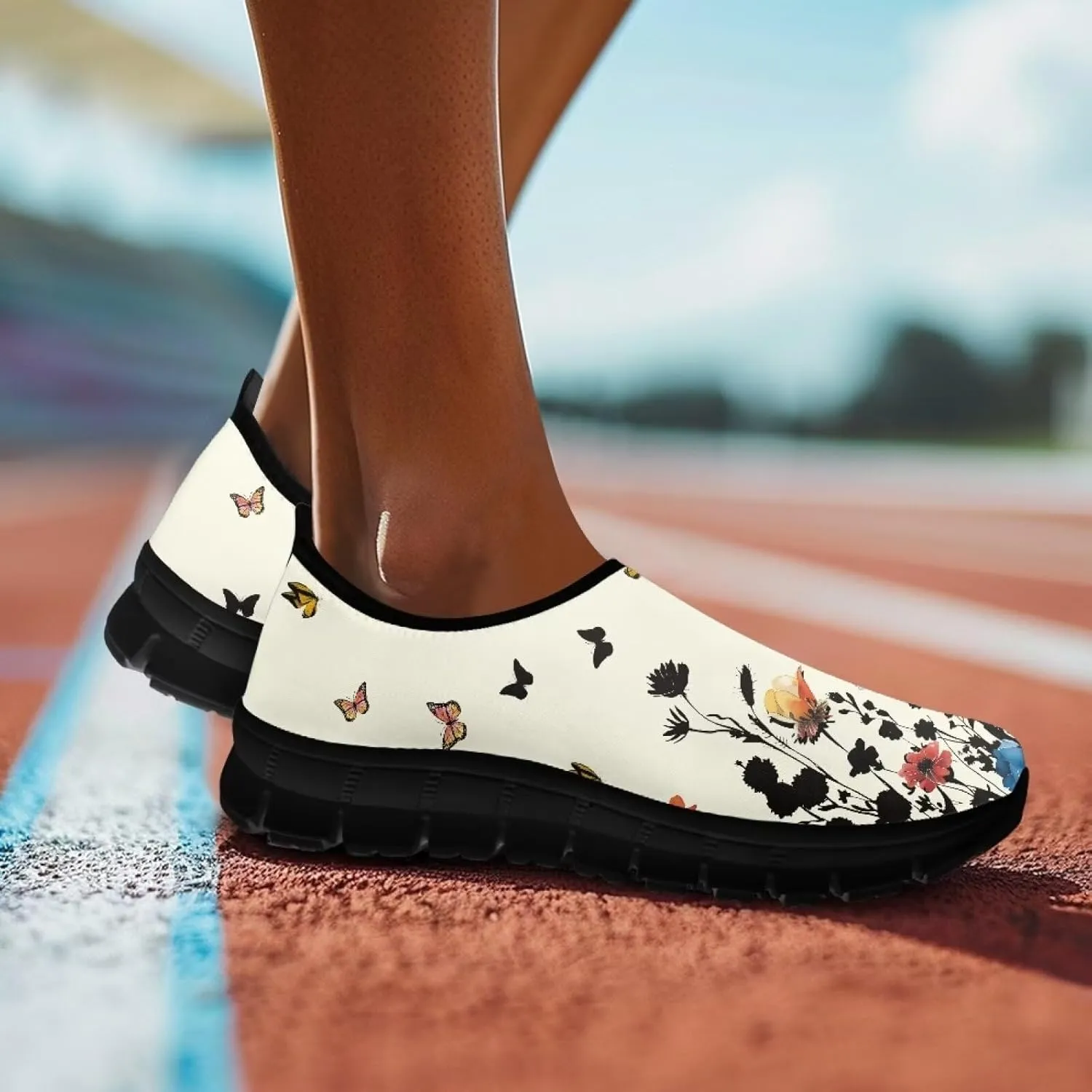 Flowers Casual House Shoes Breathable Mesh Sneakers for Women Comfort Soft Anti-Slip Shock Absorption EVA Sole Hiking Shoes for Outdoor Size 5.5-11.5 Black Sole