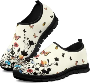 Flowers Casual House Shoes Breathable Mesh Sneakers for Women Comfort Soft Anti-Slip Shock Absorption EVA Sole Hiking Shoes for Outdoor Size 5.5-11.5 Black Sole