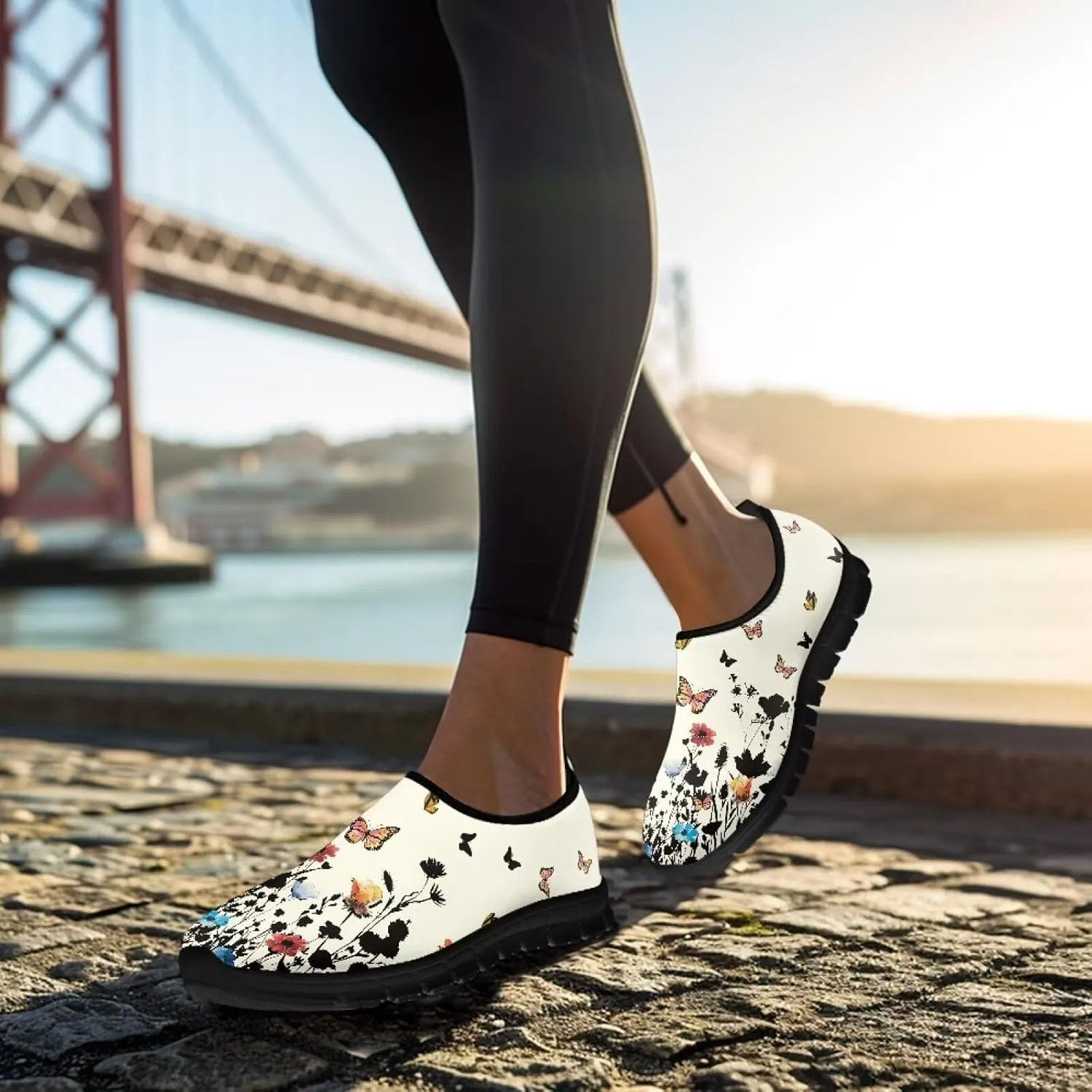 Flowers Casual House Shoes Breathable Mesh Sneakers for Women Comfort Soft Anti-Slip Shock Absorption EVA Sole Hiking Shoes for Outdoor Size 5.5-11.5 Black Sole