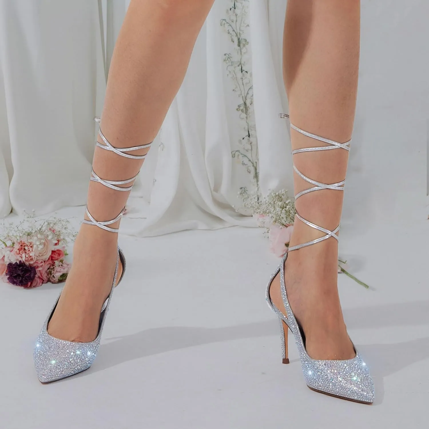 GENSHUO Lace Up Pumps for Women Strappy High Heels Sexy Pointed Closed Toe Shoes 3 Inch Stiletto Heels Suede Dress Party Wedding Shoes