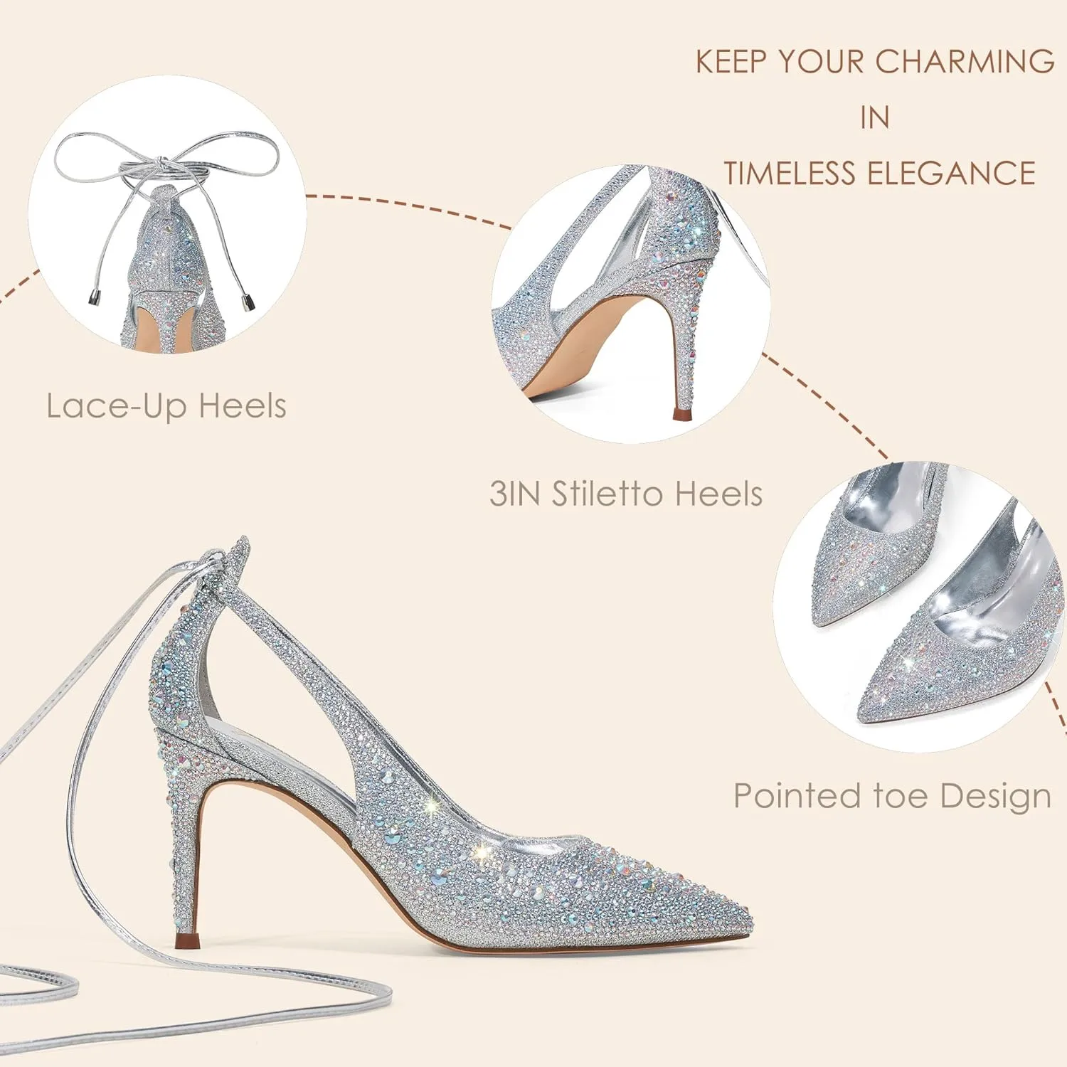 GENSHUO Lace Up Pumps for Women Strappy High Heels Sexy Pointed Closed Toe Shoes 3 Inch Stiletto Heels Suede Dress Party Wedding Shoes