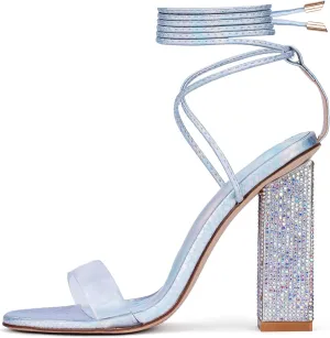 GENSHUO Sexy Strappy Rhinestone Chunky Sandals for Women Lace-up High Heels Transparent Open Toe Party Wedding Homecoming Shoes