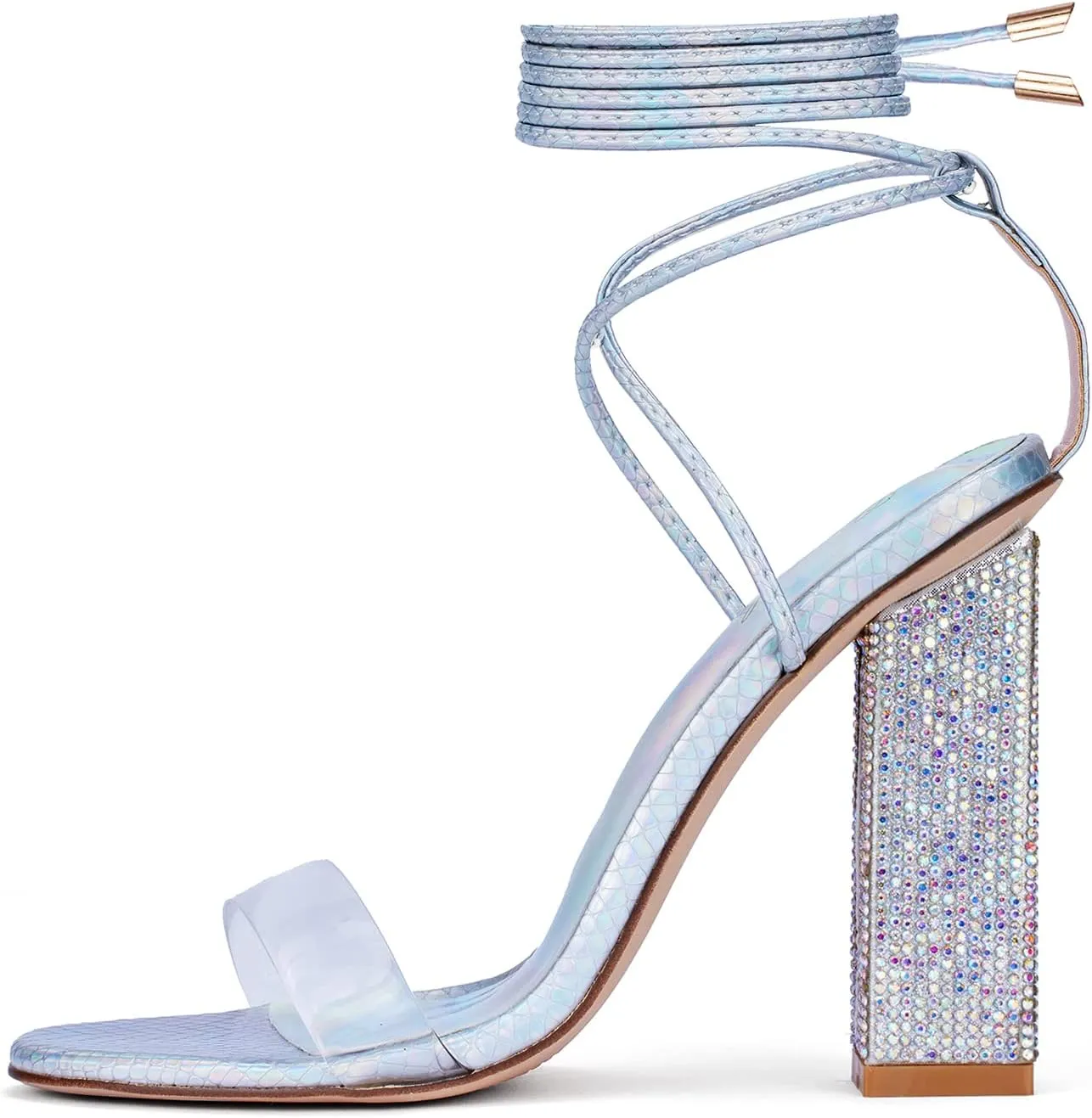 GENSHUO Sexy Strappy Rhinestone Chunky Sandals for Women Lace-up High Heels Transparent Open Toe Party Wedding Homecoming Shoes