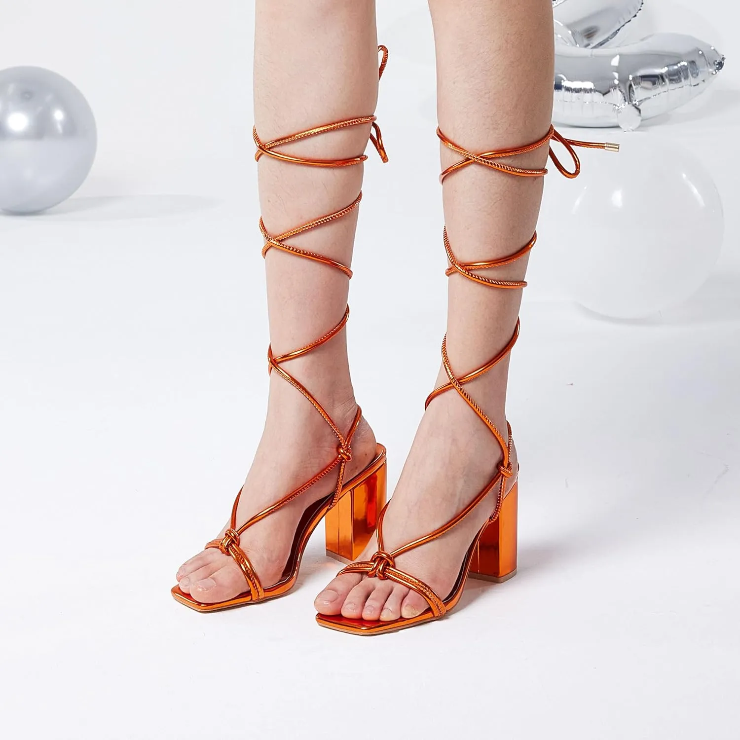 GENSHUO Square Toe Sandals Women Lace up Chunky High Heels Strappy Sandals Block Heeled Ankle Wrap Homecoming Wedding Dress Shoes Gold Size 9.5