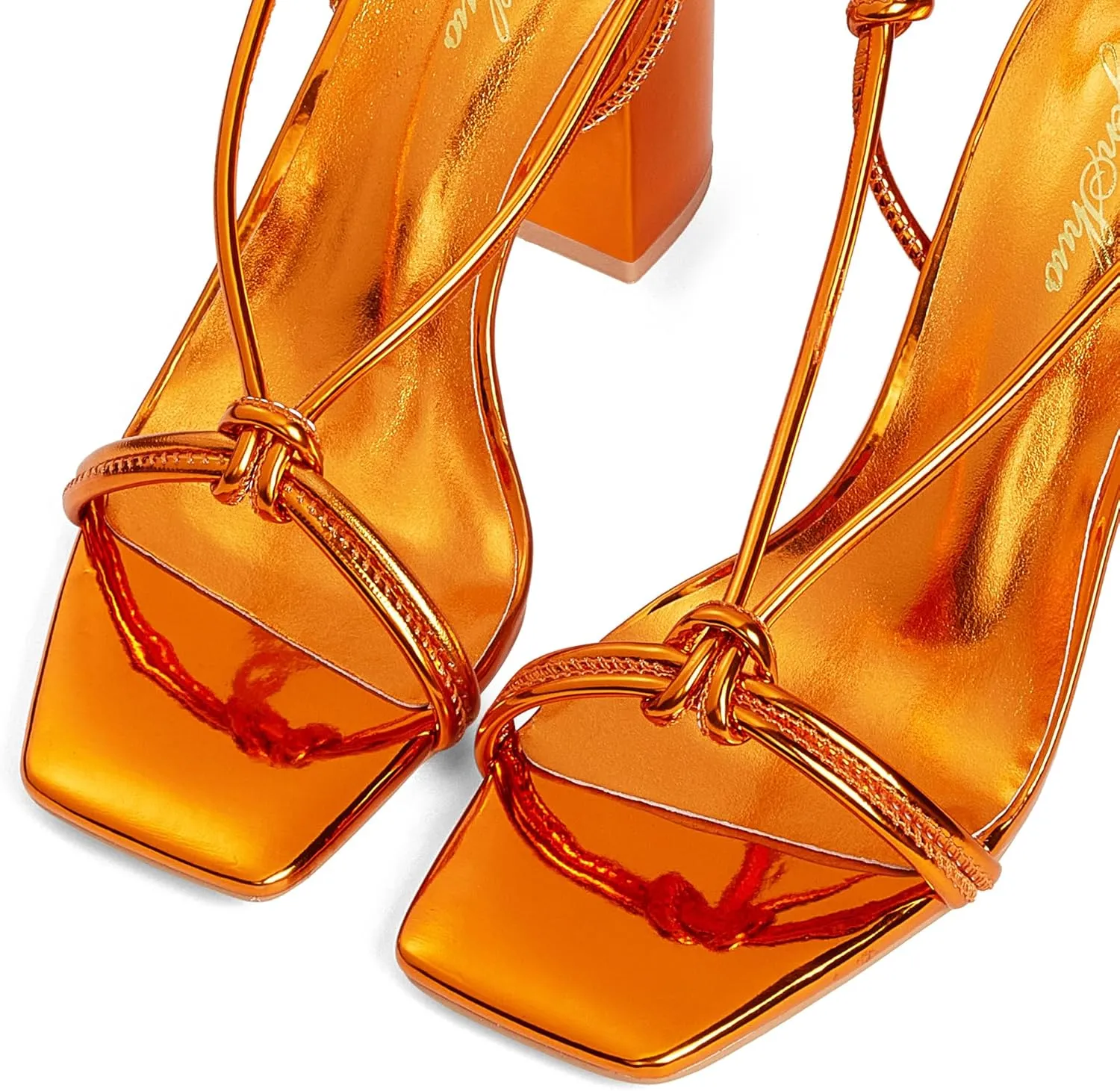 GENSHUO Square Toe Sandals Women Lace up Chunky High Heels Strappy Sandals Block Heeled Ankle Wrap Homecoming Wedding Dress Shoes Gold Size 9.5