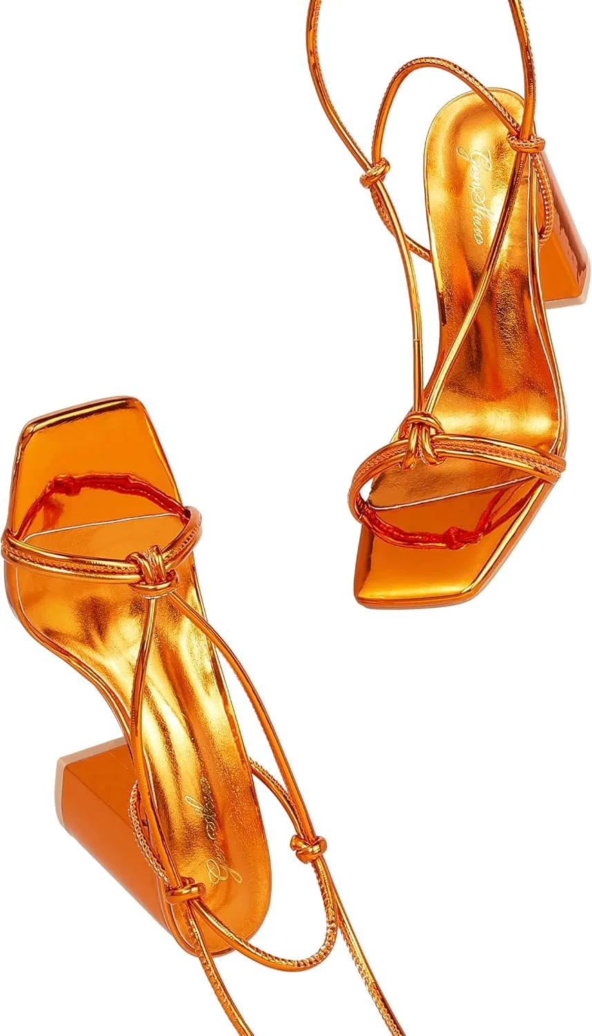 GENSHUO Square Toe Sandals Women Lace up Chunky High Heels Strappy Sandals Block Heeled Ankle Wrap Homecoming Wedding Dress Shoes Gold Size 9.5