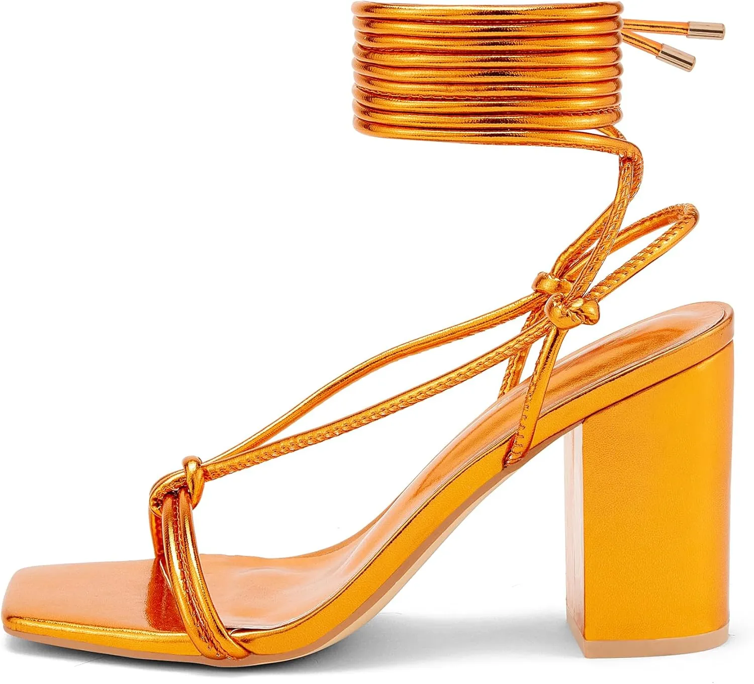 GENSHUO Square Toe Sandals Women Lace up Chunky High Heels Strappy Sandals Block Heeled Ankle Wrap Homecoming Wedding Dress Shoes Gold Size 9.5