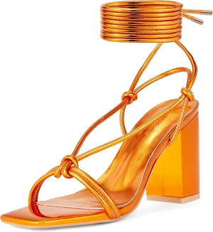 GENSHUO Square Toe Sandals Women Lace up Chunky High Heels Strappy Sandals Block Heeled Ankle Wrap Homecoming Wedding Dress Shoes Gold Size 9.5