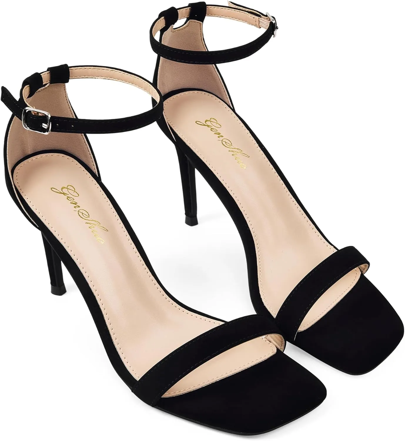 GENSHUO Women's Heeled Sandals Dressy Strappy Stiletto High Heels 3 Inch Square Open Toe Ankle Strap Buckle Sexy Prom Wedding Dress Shoes Ankle Wrap