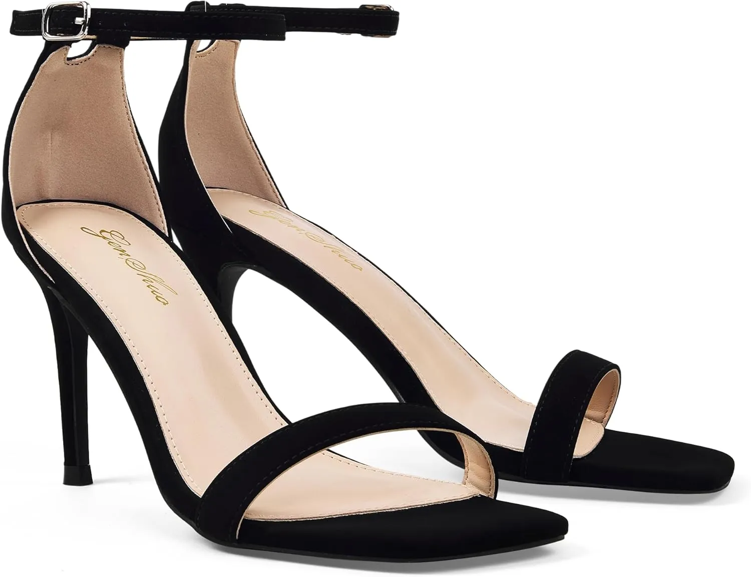 GENSHUO Women's Heeled Sandals Dressy Strappy Stiletto High Heels 3 Inch Square Open Toe Ankle Strap Buckle Sexy Prom Wedding Dress Shoes Ankle Wrap