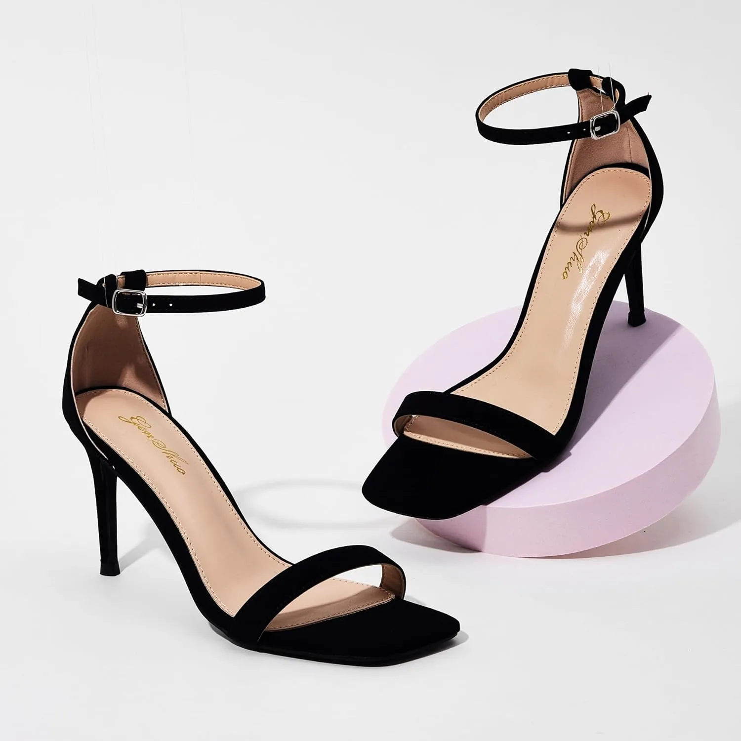 GENSHUO Women's Heeled Sandals Dressy Strappy Stiletto High Heels 3 Inch Square Open Toe Ankle Strap Buckle Sexy Prom Wedding Dress Shoes Ankle Wrap