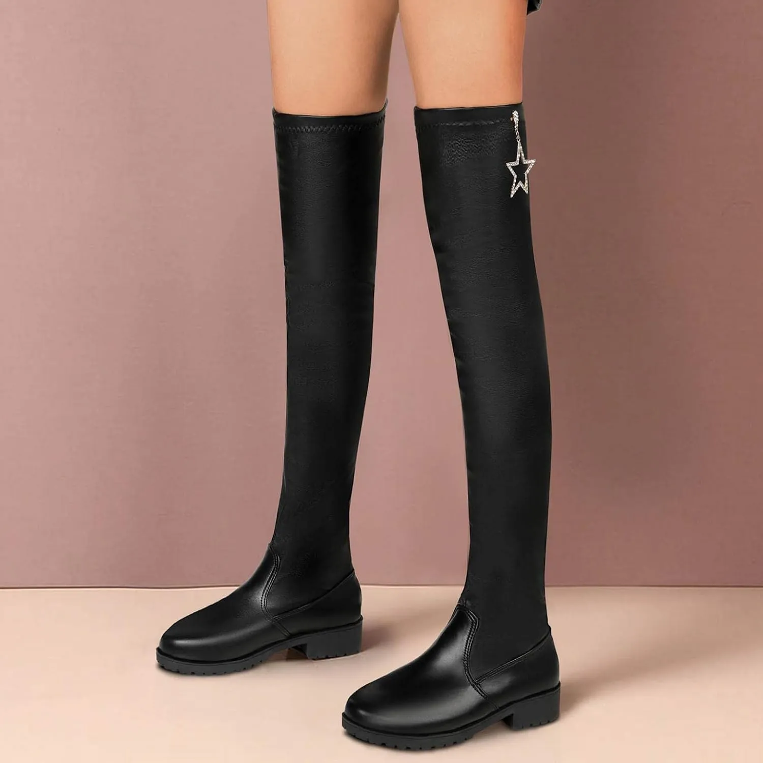Hbeylia Platform Tight High Boots for Women Ladies Fashion Stretch Knitted Leather Round Toe Chunky Bottom Slip On Flats Over The Knee Boots Casual Non Slip Winter Fall Long Tall Boots for Wedding