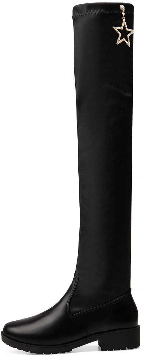 Hbeylia Platform Tight High Boots for Women Ladies Fashion Stretch Knitted Leather Round Toe Chunky Bottom Slip On Flats Over The Knee Boots Casual Non Slip Winter Fall Long Tall Boots for Wedding