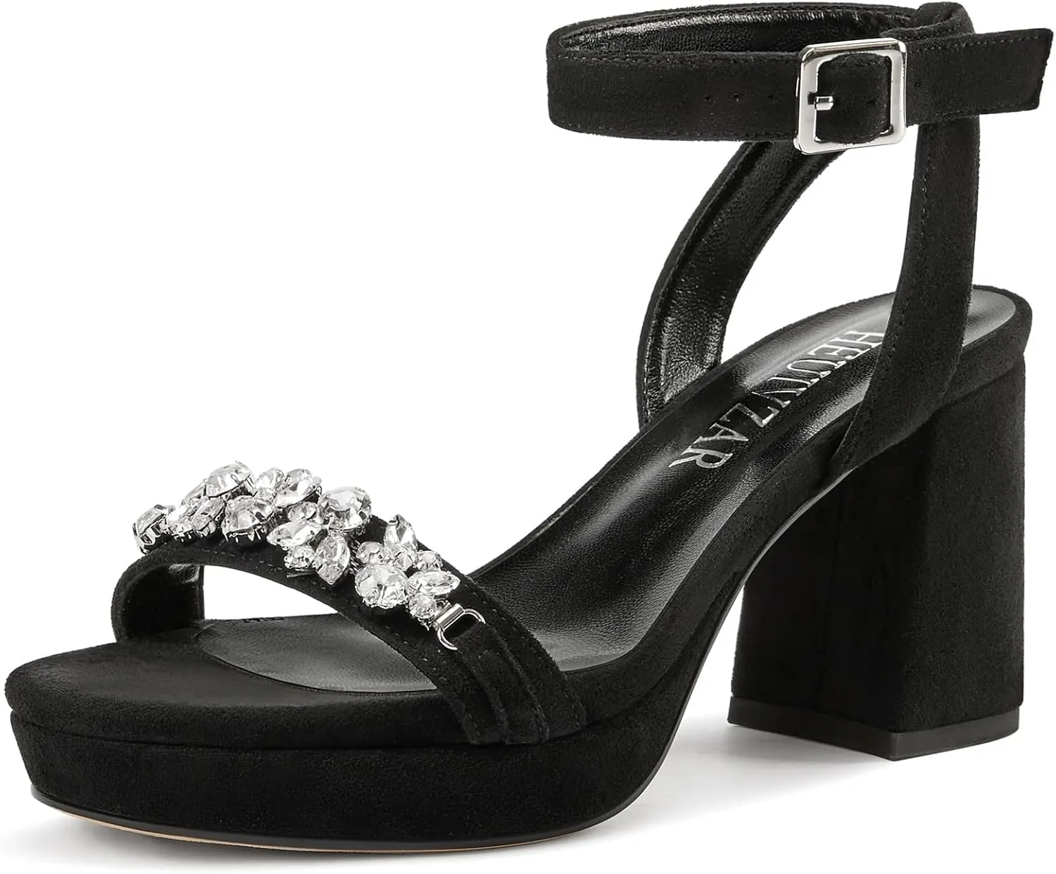 HEUIVZAR Womens Platform Chunky Block Heels Open Toe Ankle Strap Rhinestone Crystal Wedding Sandals Slingback Dress Shoes 3.2 Inches Heels