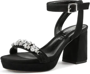 HEUIVZAR Womens Platform Chunky Block Heels Open Toe Ankle Strap Rhinestone Crystal Wedding Sandals Slingback Dress Shoes 3.2 Inches Heels