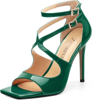 High Heels for Women, Women's Stiletto Heels Cross Strappy Square Open Toe Sexy Sandals Ankle Strap Buckle High Heels Fashion Dress Prom Sandals