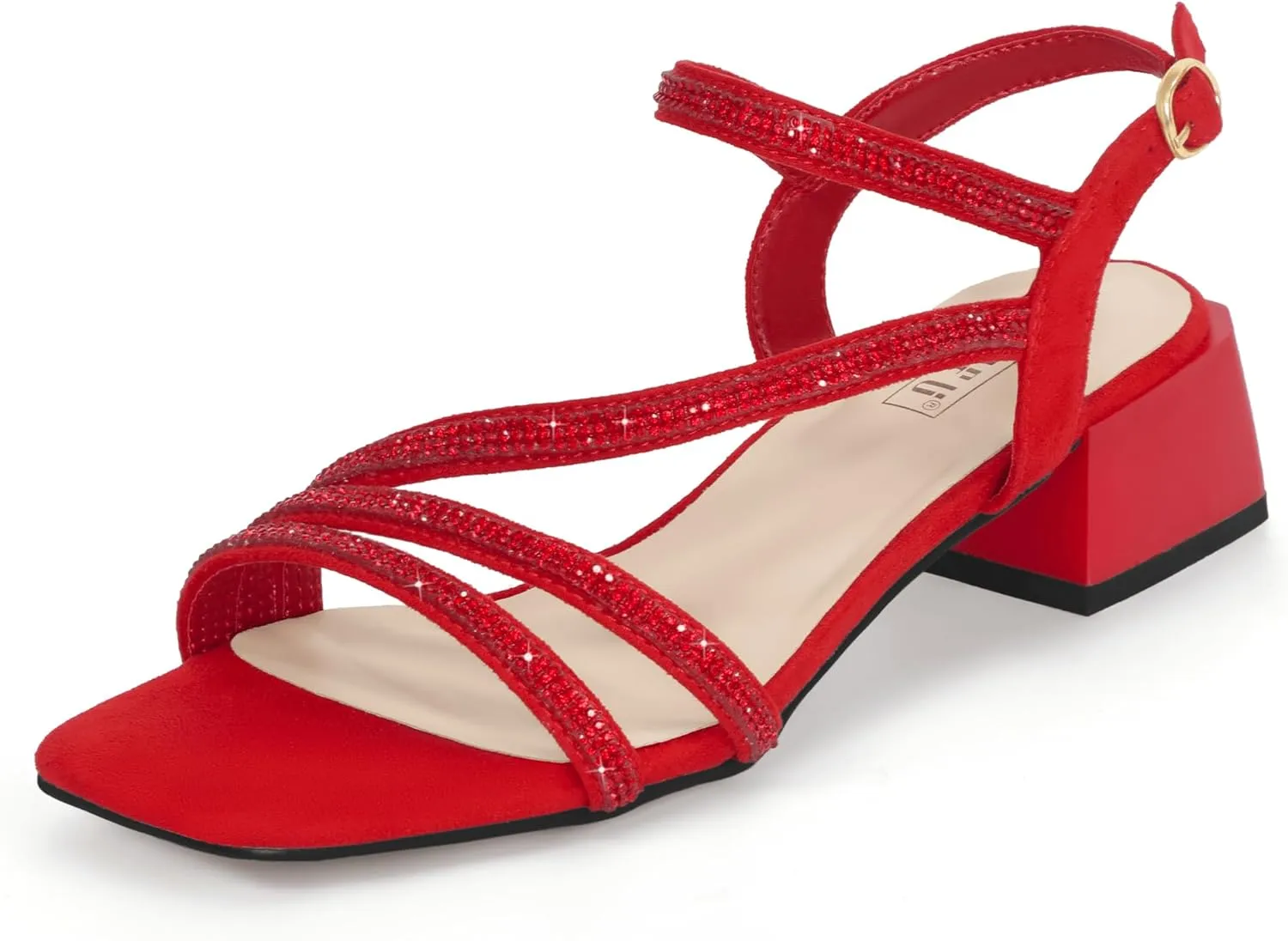 IDIFU IN2 Rhinestone Strappy Heels for Women Low Block Chunky Heels Square Open Toe Slingback Heeled Sandals Prom Wedding Bridal Dress Shoes Comfortable Sparkly Dressy Cute Trendy Short Thick Heels