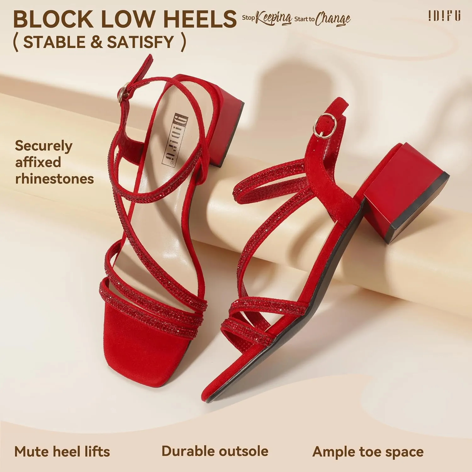 IDIFU IN2 Rhinestone Strappy Heels for Women Low Block Chunky Heels Square Open Toe Slingback Heeled Sandals Prom Wedding Bridal Dress Shoes Comfortable Sparkly Dressy Cute Trendy Short Thick Heels