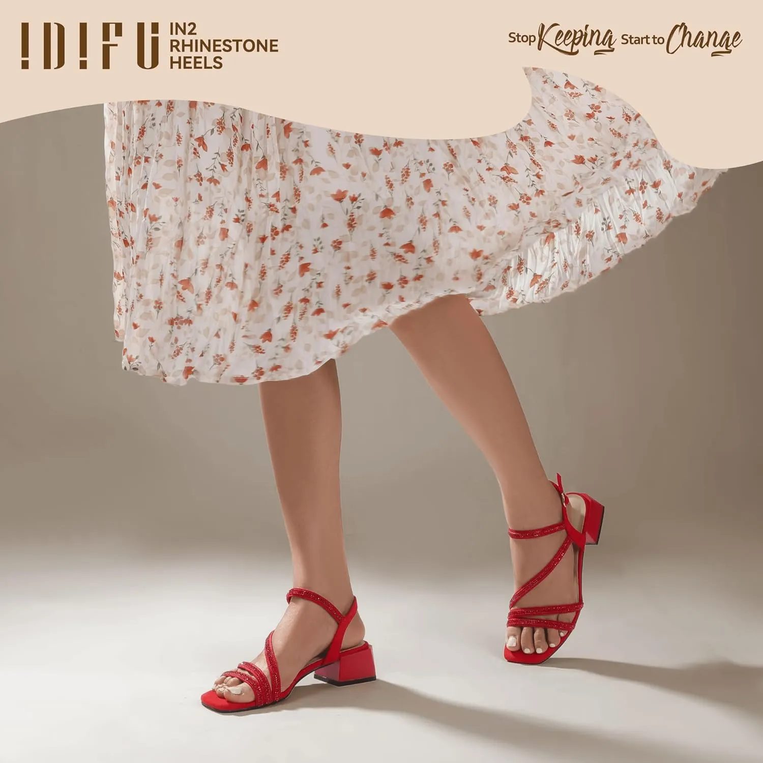 IDIFU IN2 Rhinestone Strappy Heels for Women Low Block Chunky Heels Square Open Toe Slingback Heeled Sandals Prom Wedding Bridal Dress Shoes Comfortable Sparkly Dressy Cute Trendy Short Thick Heels