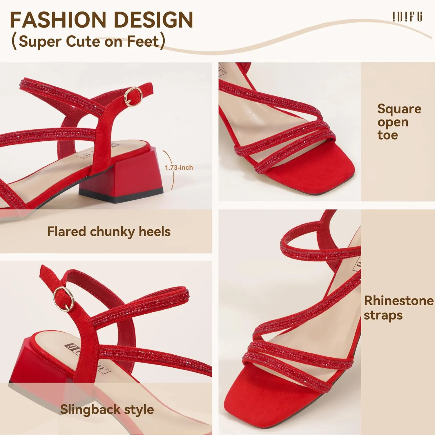 IDIFU IN2 Rhinestone Strappy Heels for Women Low Block Chunky Heels Square Open Toe Slingback Heeled Sandals Prom Wedding Bridal Dress Shoes Comfortable Sparkly Dressy Cute Trendy Short Thick Heels
