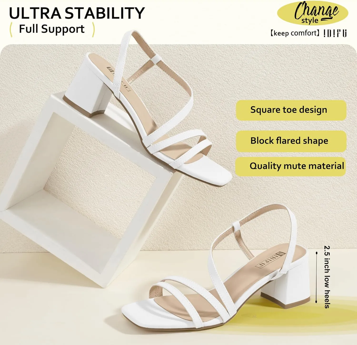 IDIFU IN3 Strappy Heels for Women - Low Block Chunky Heels - Open Square Toe Slingback Sandals - Comfortable & Trendy Dress Shoes for Women's Wedding, Bridal & Prom