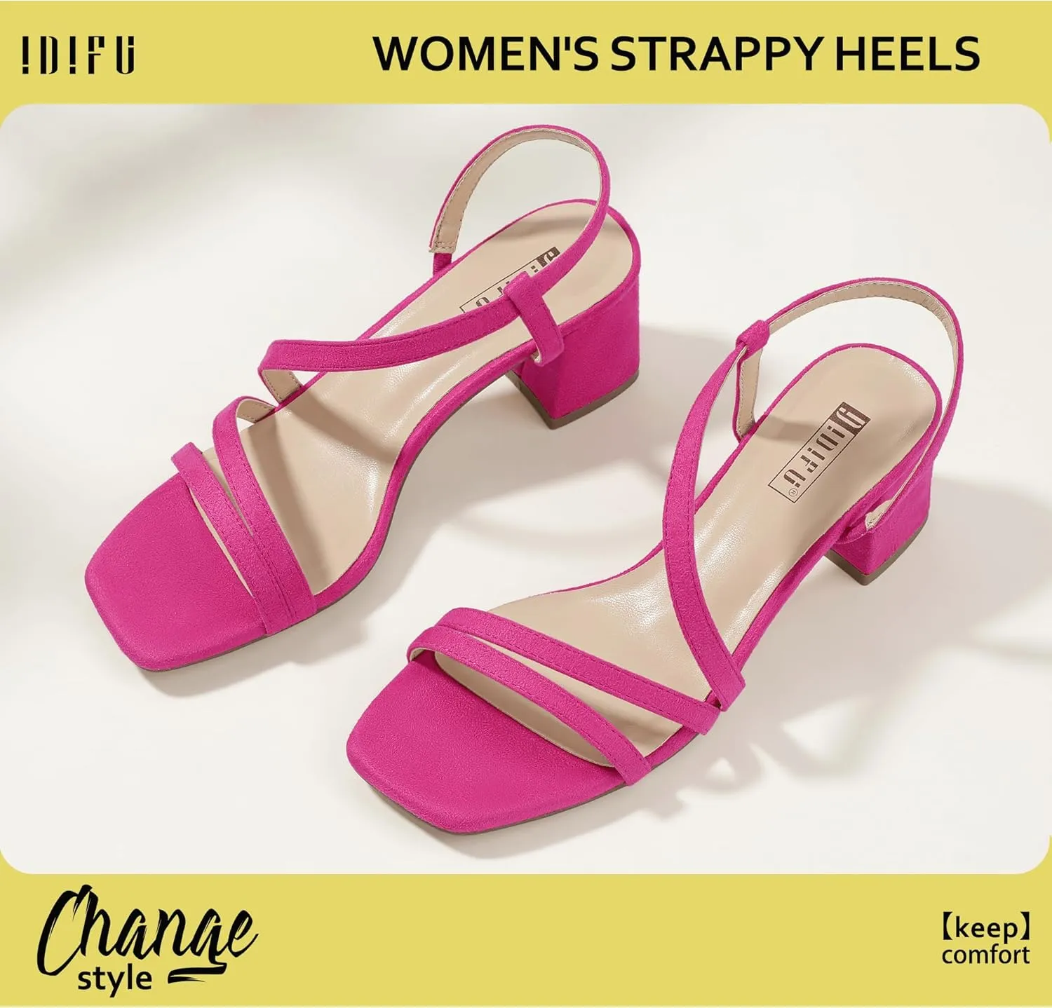 IDIFU IN3 Strappy Heels for Women - Low Block Chunky Heels - Open Square Toe Slingback Sandals - Comfortable & Trendy Dress Shoes for Women's Wedding, Bridal & Prom
