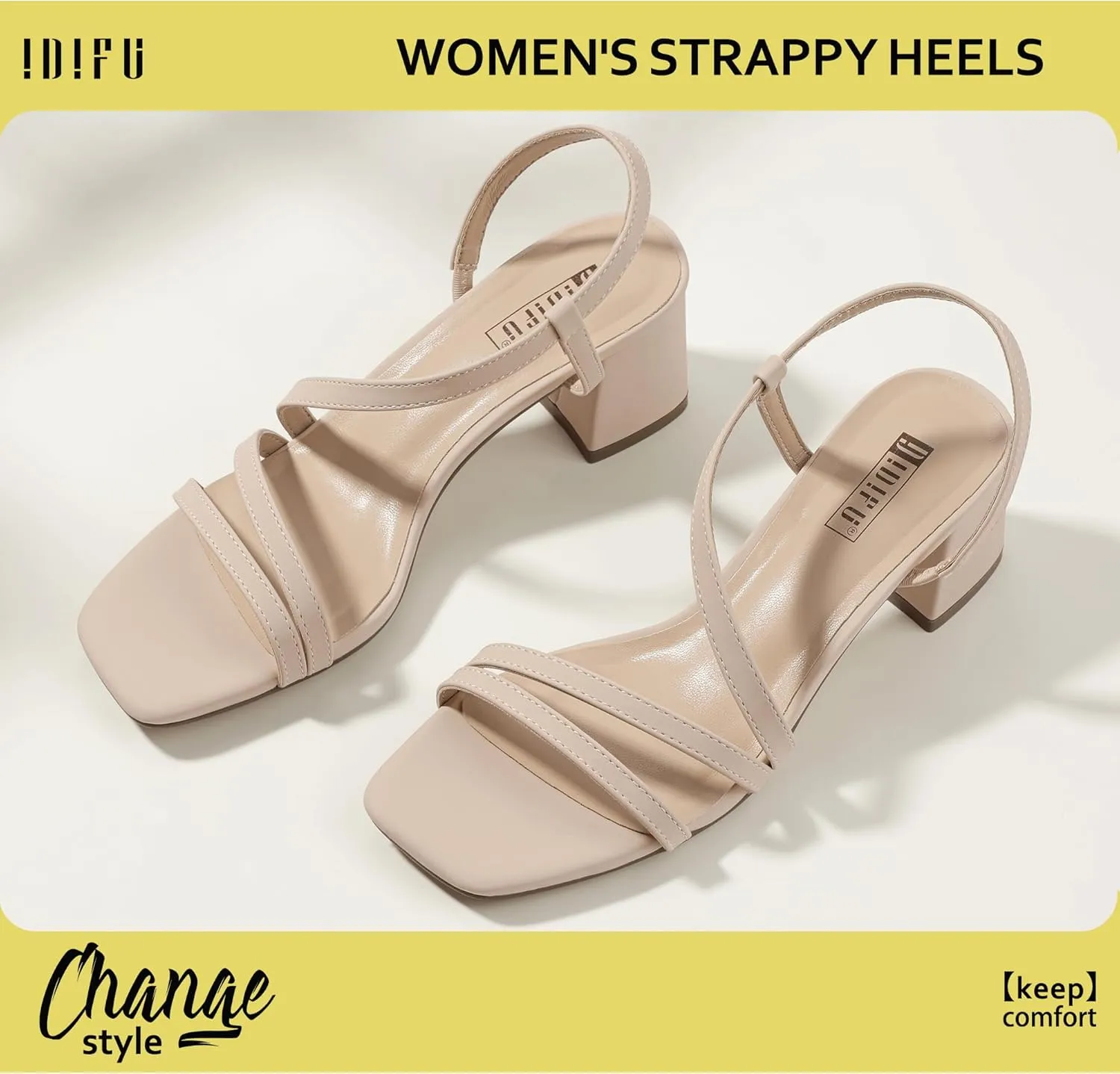 IDIFU IN3 Strappy Heels for Women - Low Block Chunky Heels - Open Square Toe Slingback Sandals - Comfortable & Trendy Dress Shoes for Women's Wedding, Bridal & Prom
