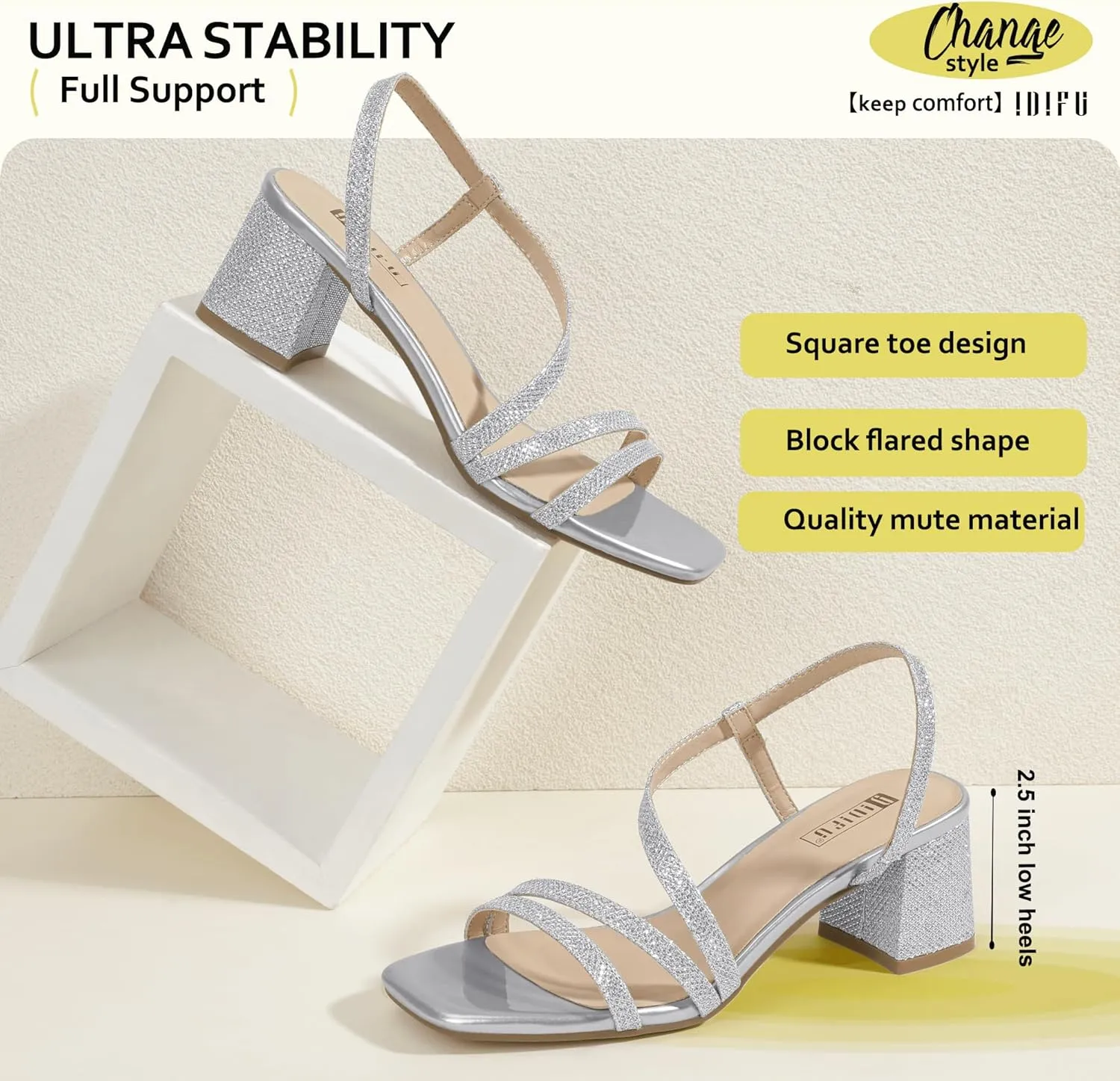 IDIFU IN3 Strappy Heels for Women - Low Block Chunky Heels - Open Square Toe Slingback Sandals - Comfortable & Trendy Dress Shoes for Women's Wedding, Bridal & Prom
