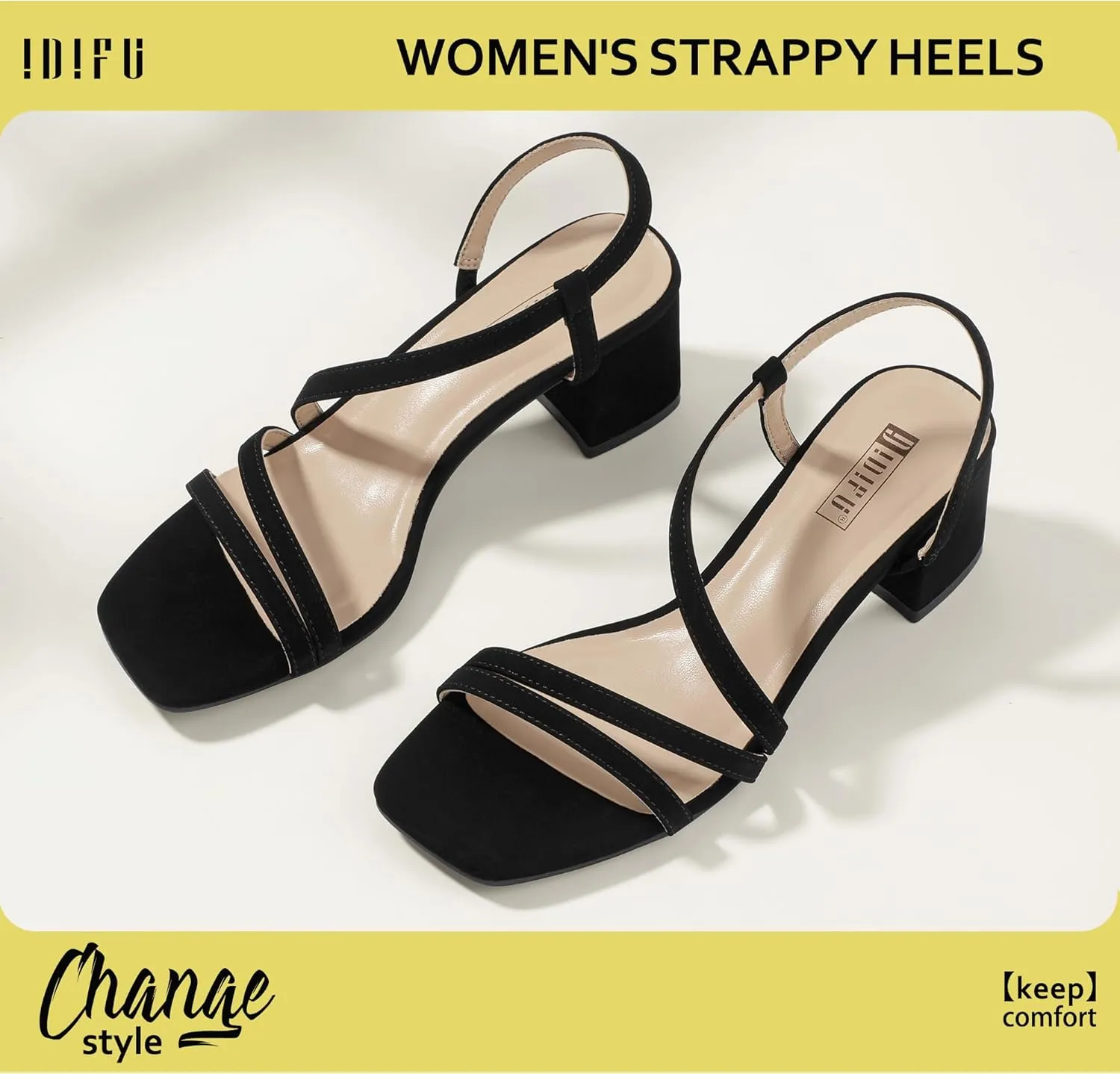 IDIFU IN3 Strappy Heels for Women - Low Block Chunky Heels - Open Square Toe Slingback Sandals - Comfortable & Trendy Dress Shoes for Women's Wedding, Bridal & Prom