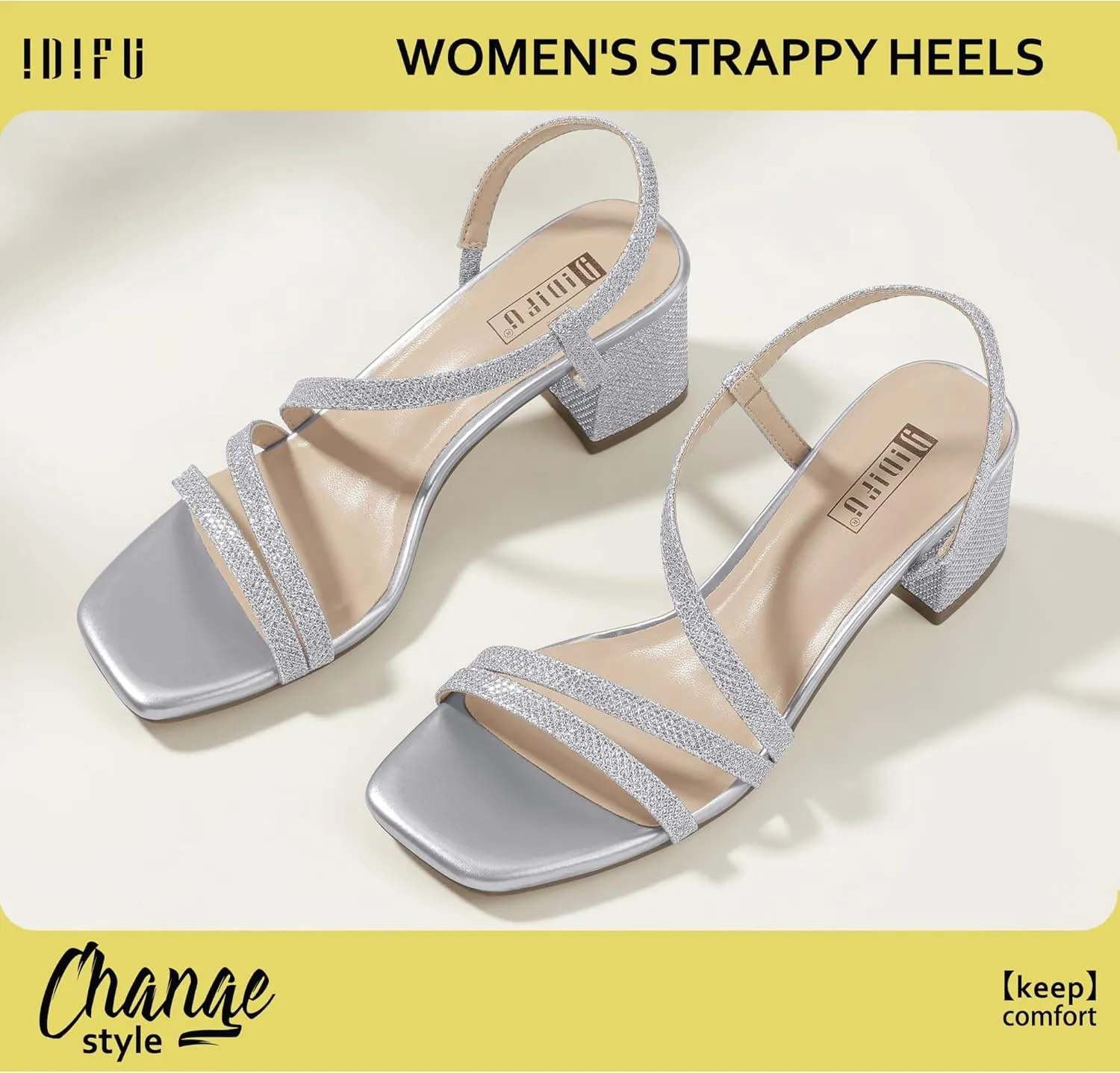 IDIFU IN3 Strappy Heels for Women - Low Block Chunky Heels - Open Square Toe Slingback Sandals - Comfortable & Trendy Dress Shoes for Women's Wedding, Bridal & Prom