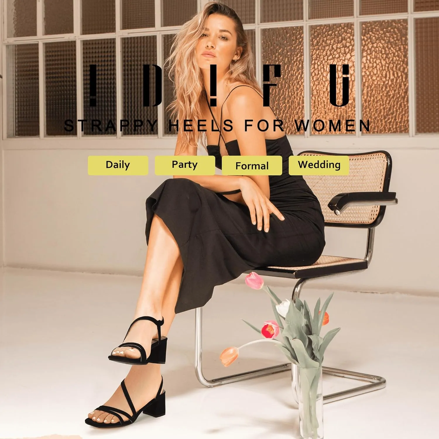 IDIFU IN3 Strappy Heels for Women - Low Block Chunky Heels - Open Square Toe Slingback Sandals - Comfortable & Trendy Dress Shoes for Women's Wedding, Bridal & Prom