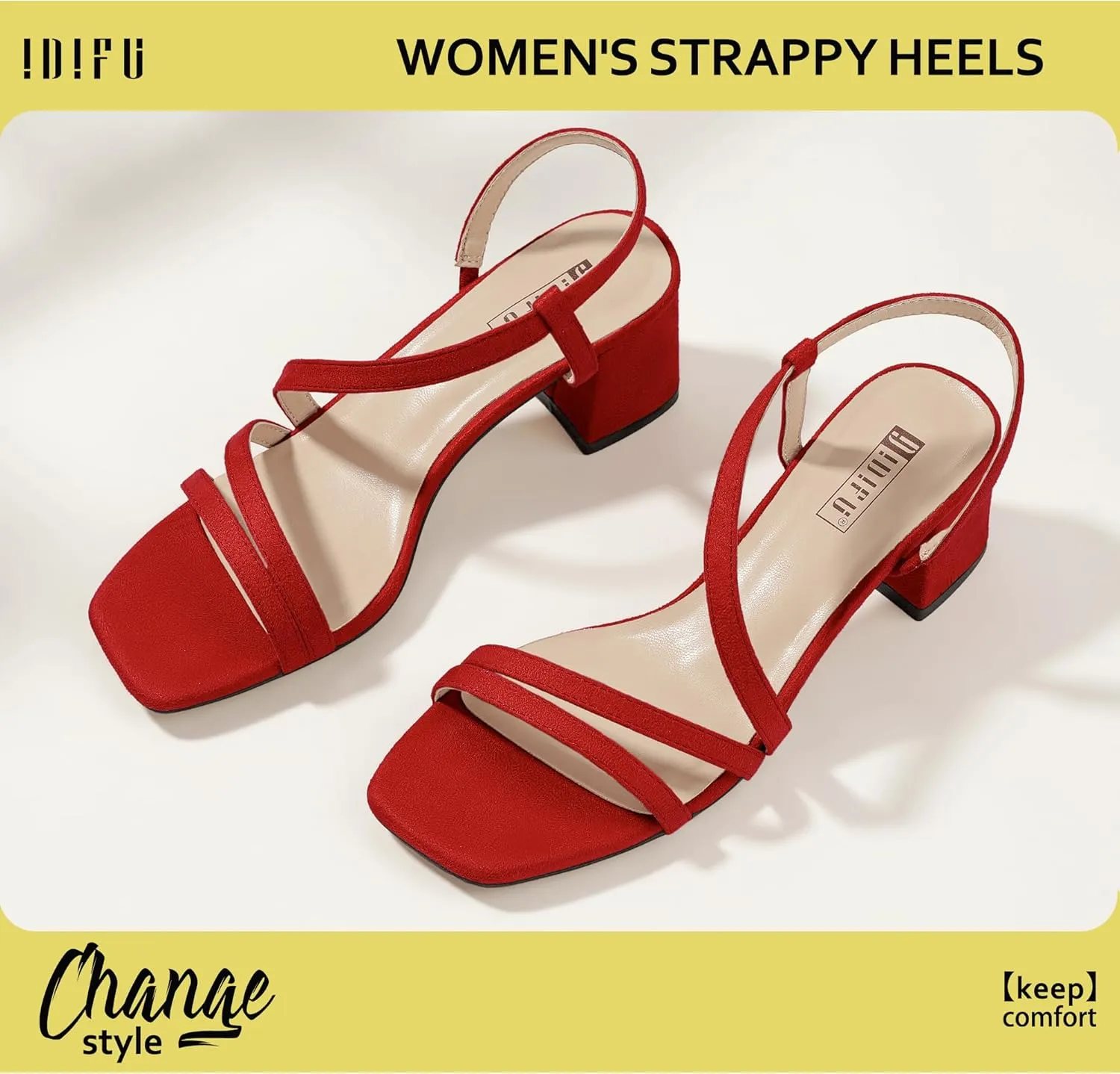 IDIFU IN3 Strappy Heels for Women - Low Block Chunky Heels - Open Square Toe Slingback Sandals - Comfortable & Trendy Dress Shoes for Women's Wedding, Bridal & Prom