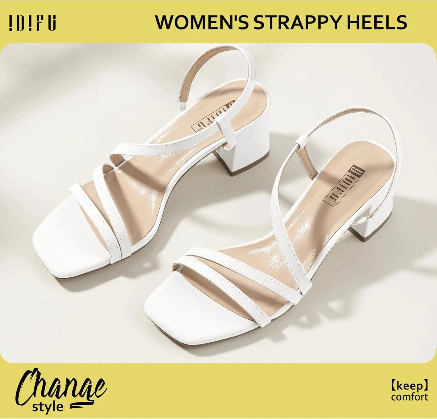 IDIFU IN3 Strappy Heels for Women - Low Block Chunky Heels - Open Square Toe Slingback Sandals - Comfortable & Trendy Dress Shoes for Women's Wedding, Bridal & Prom