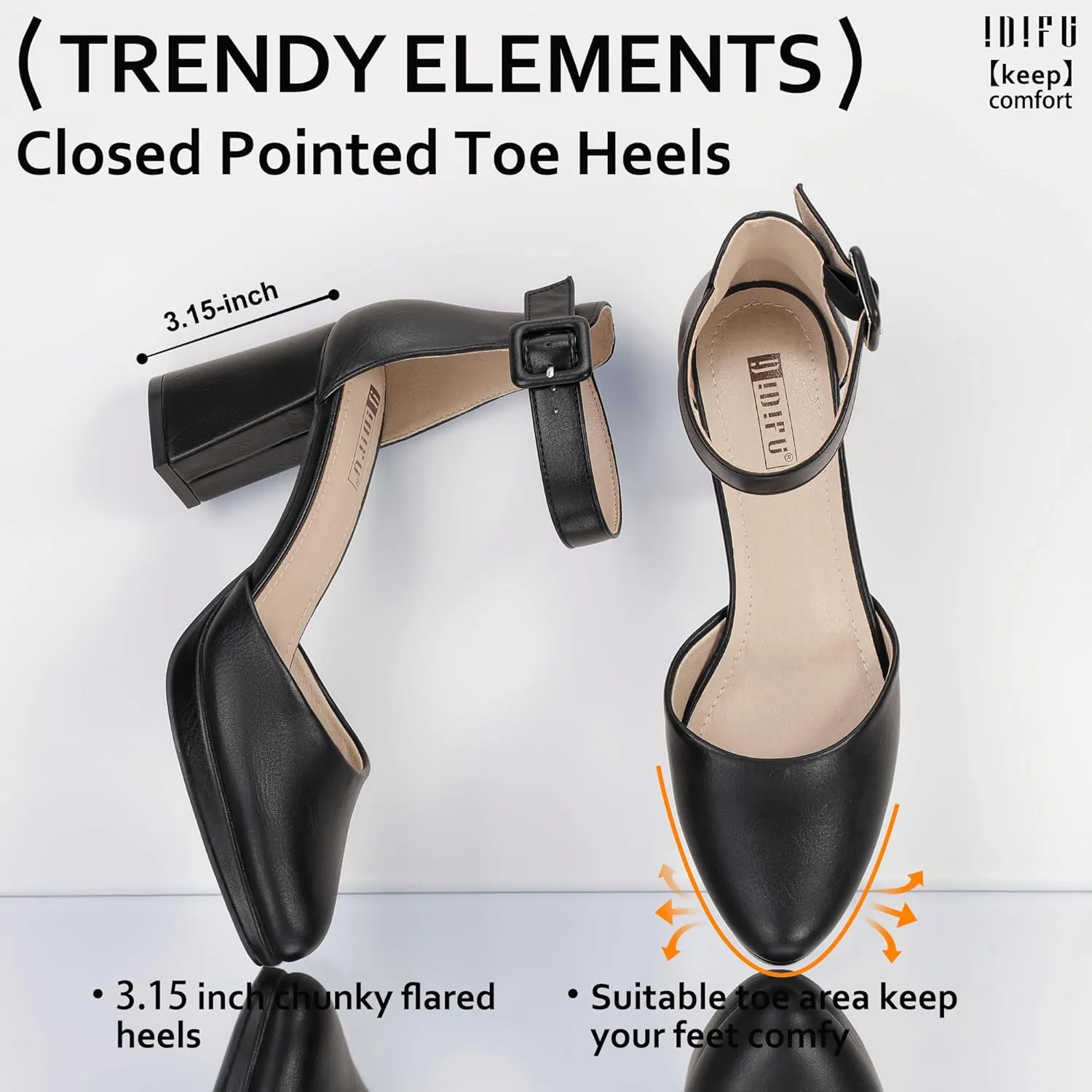 IDIFU IN3 Women's Chunky Block Heels Dress Shoes for Women - Dressy Wedding Bridal Prom Shoes - Pointed Toe Ankle Strap Comfortable Short Thick Heels