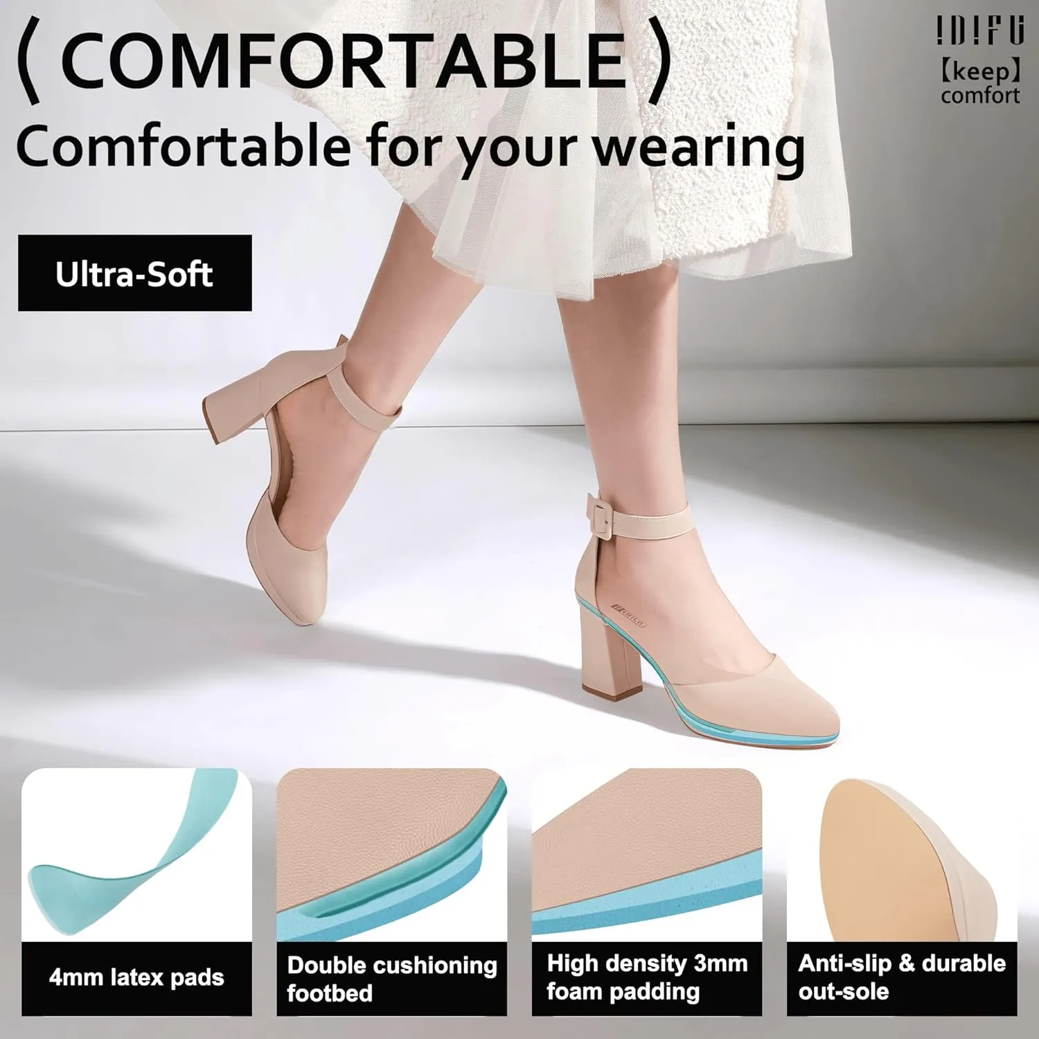 IDIFU IN3 Women's Chunky Block Heels Dress Shoes for Women - Dressy Wedding Bridal Prom Shoes - Pointed Toe Ankle Strap Comfortable Short Thick Heels
