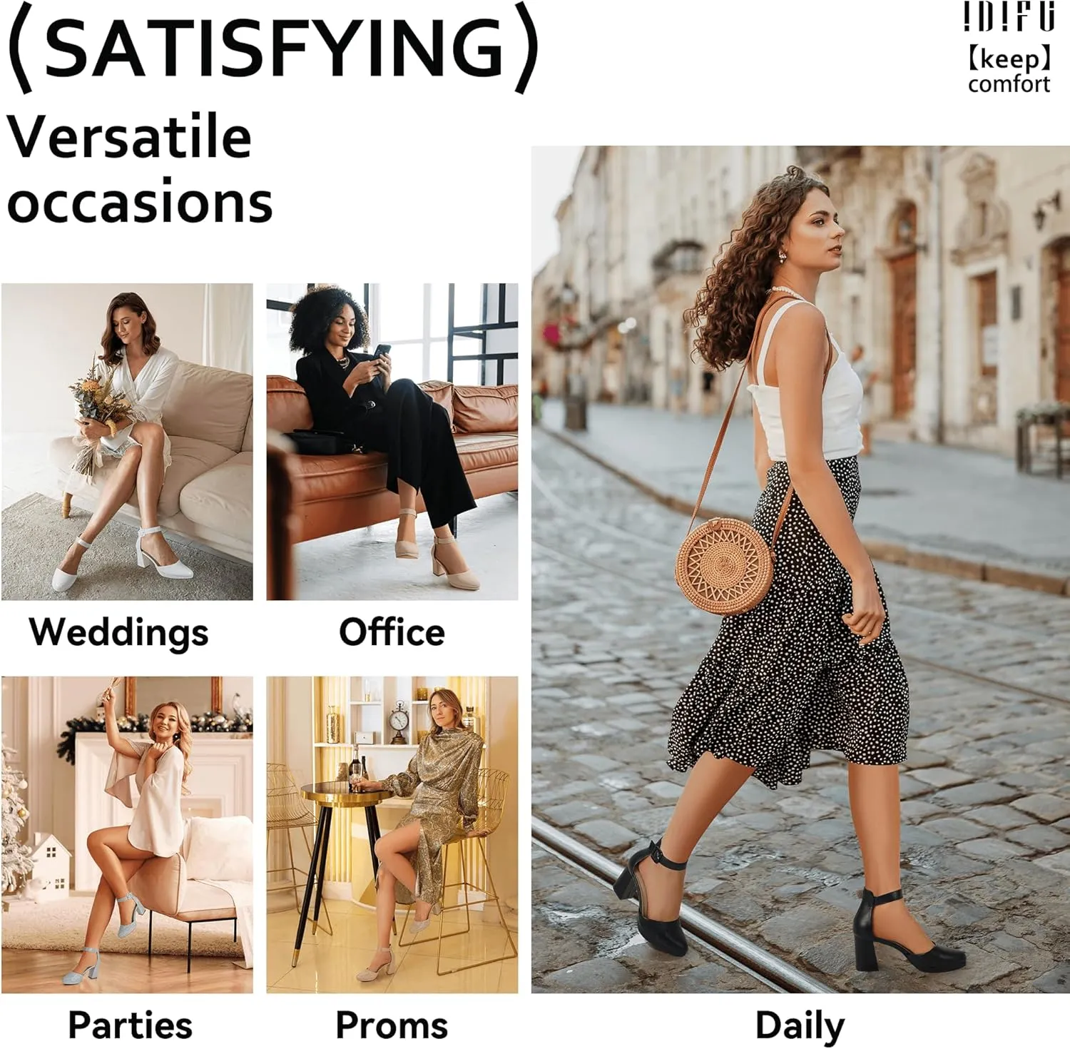 IDIFU IN3 Women's Chunky Block Heels Dress Shoes for Women - Dressy Wedding Bridal Prom Shoes - Pointed Toe Ankle Strap Comfortable Short Thick Heels