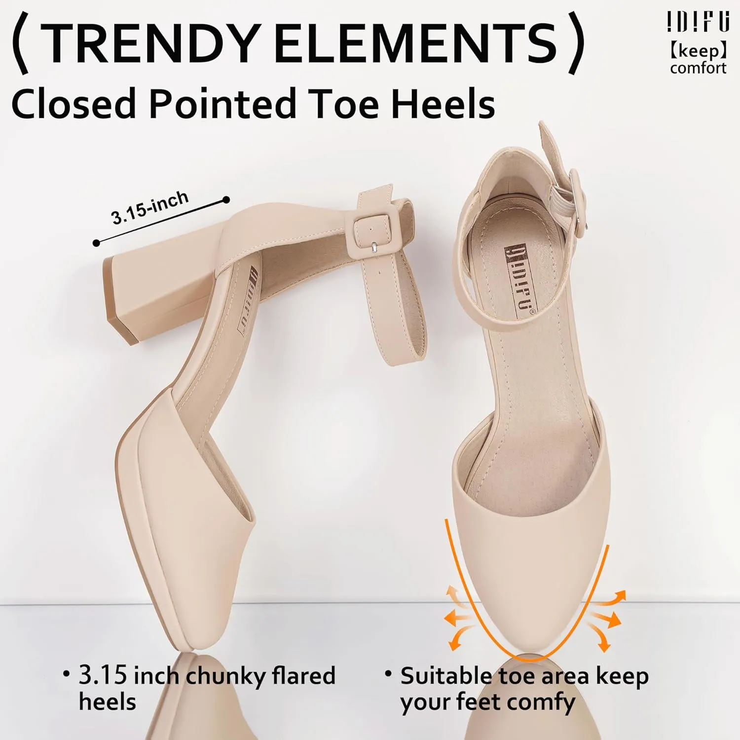 IDIFU IN3 Women's Chunky Block Heels Dress Shoes for Women - Dressy Wedding Bridal Prom Shoes - Pointed Toe Ankle Strap Comfortable Short Thick Heels