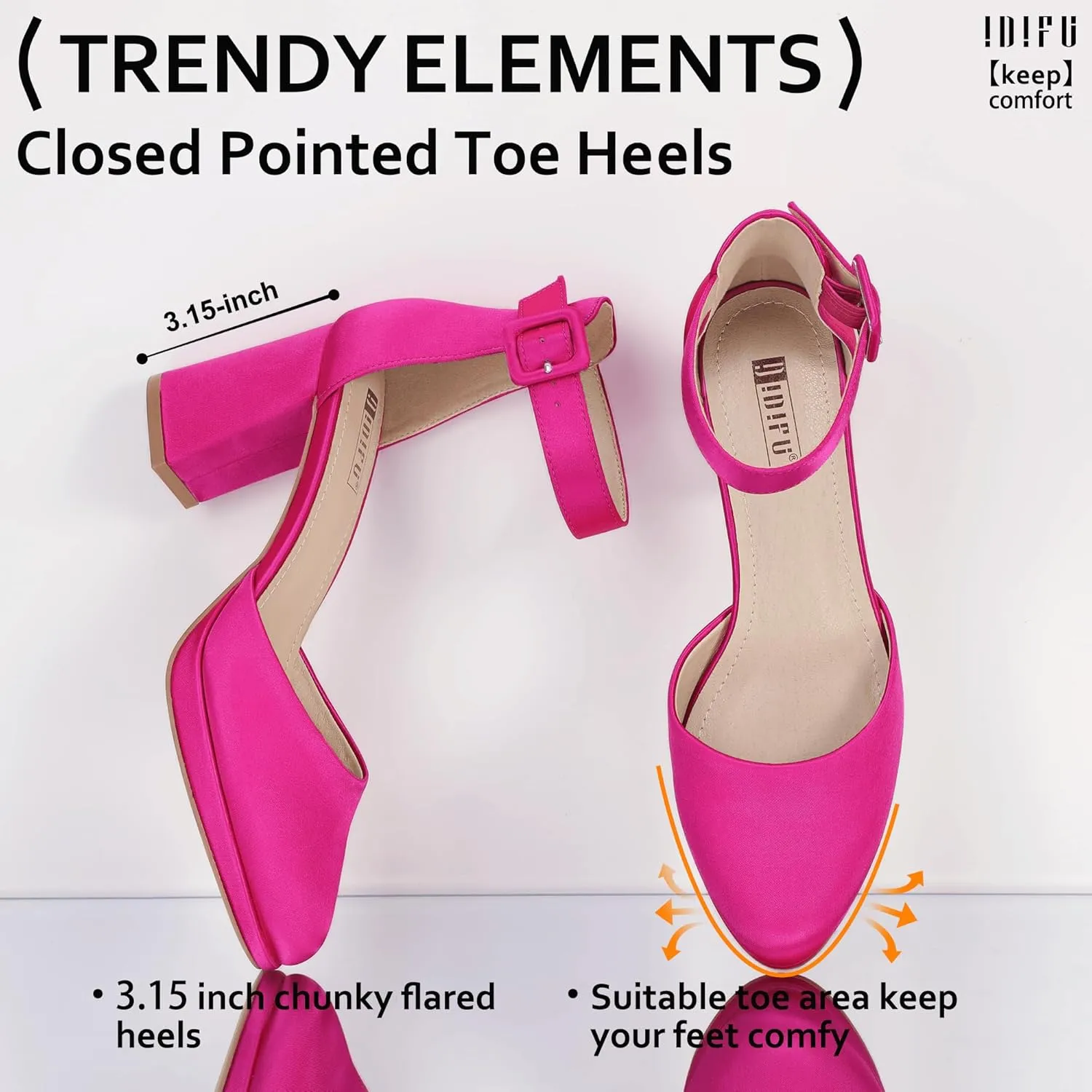 IDIFU IN3 Women's Chunky Block Heels Dress Shoes for Women - Dressy Wedding Bridal Prom Shoes - Pointed Toe Ankle Strap Comfortable Short Thick Heels