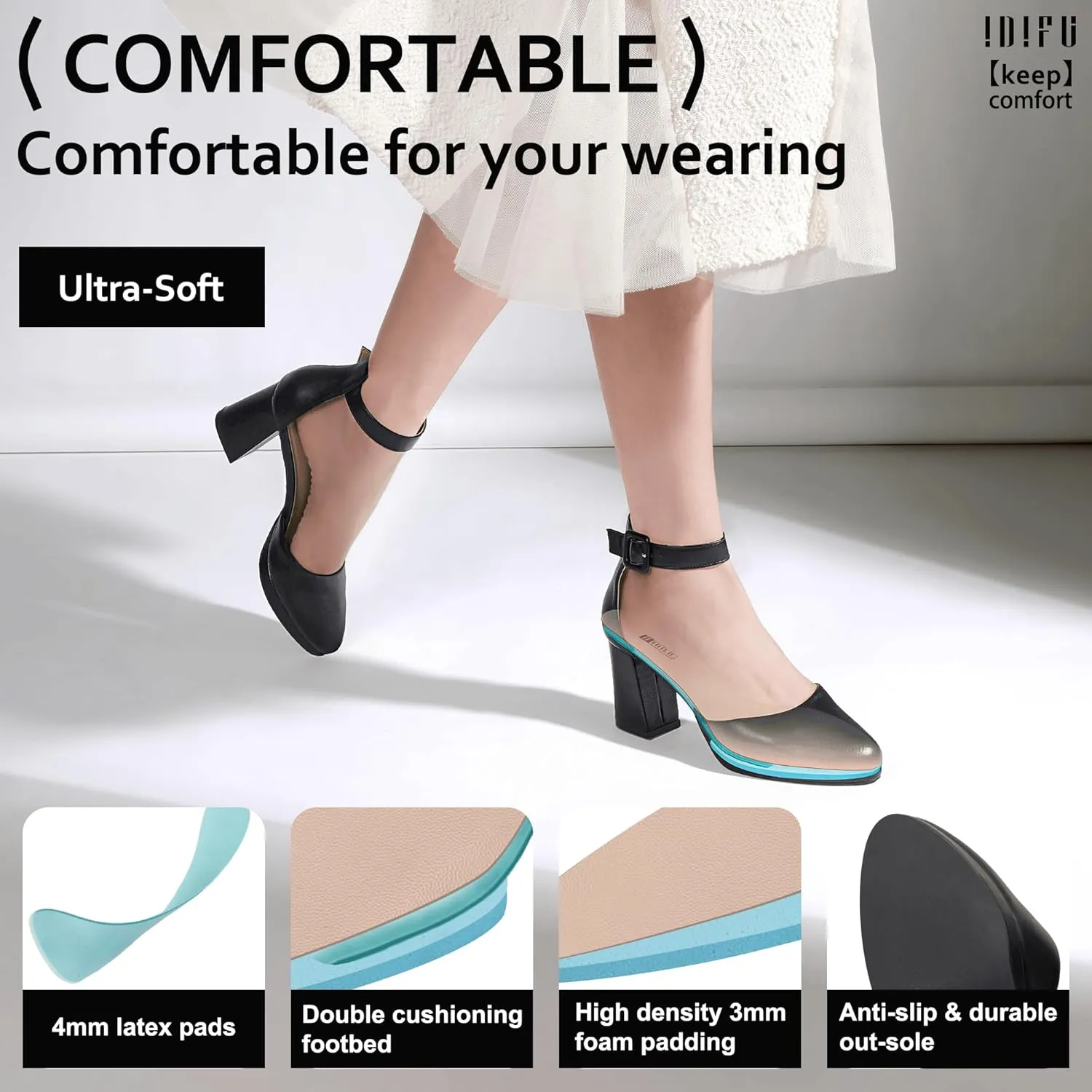 IDIFU IN3 Women's Chunky Block Heels Dress Shoes for Women - Dressy Wedding Bridal Prom Shoes - Pointed Toe Ankle Strap Comfortable Short Thick Heels